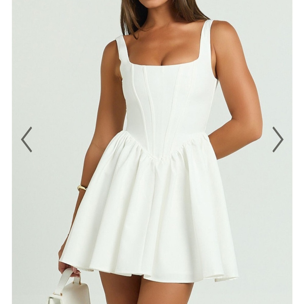 AIMEE MINI DRESS - SCOOP NECK CORSET GATHERED DRESS IN WHITE